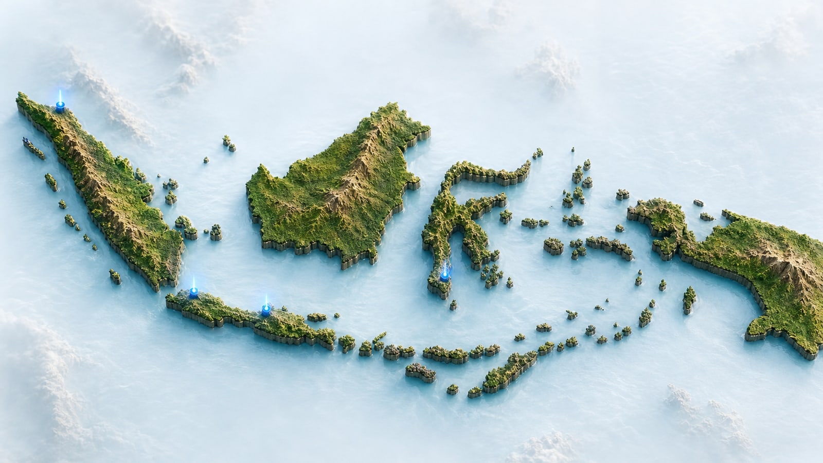 Peta 3D Indonesia dengan lokasi workshop Medan, Bogor, Semarang, dan Makassar